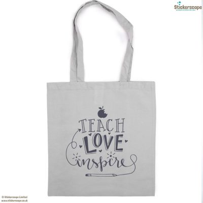 Teach, Love, Inspire tote bag (Light grey bag - Anthracite text) | Teacher gifts | Stickerscape | UK