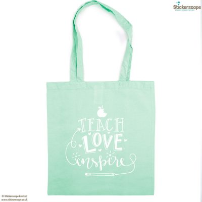 Teach, Love, Inspire tote bag (Mint bag - White text) | Teacher gifts | Stickerscape | UK