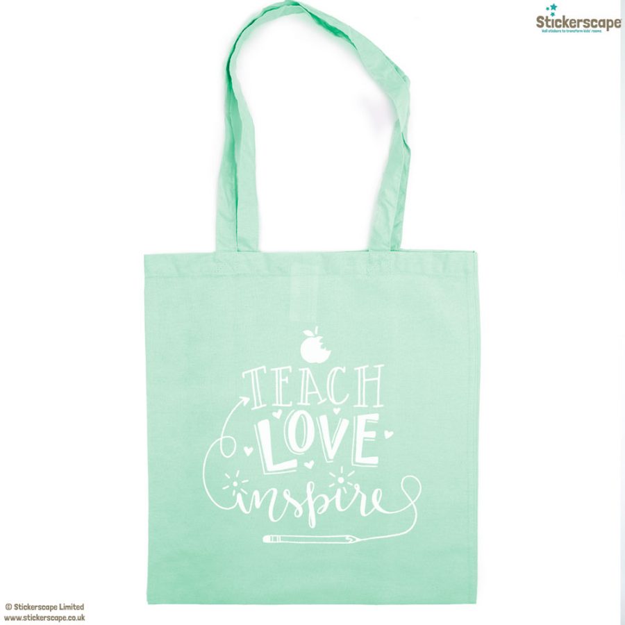 Teach, Love, Inspire tote bag (Mint bag - White text) | Teacher gifts | Stickerscape | UK