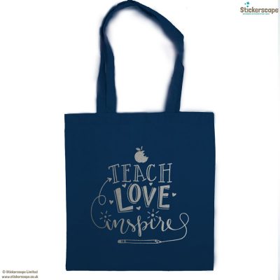 Teach, Love, Inspire tote bag (Petrol bag - Silver text) | Teacher gifts | Stickerscape | UK