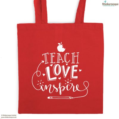 Teach, Love, Inspire tote bag (Red bag - White text) | Teacher gifts | Stickerscape | UK