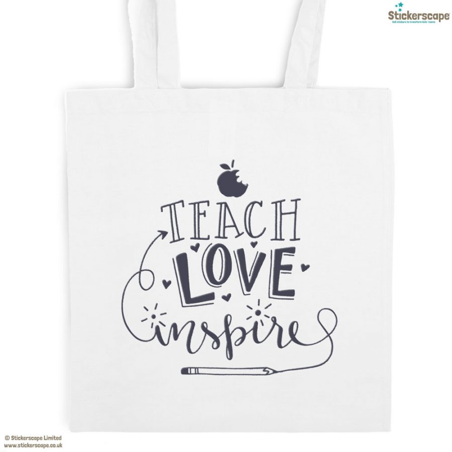 Teach, Love, Inspire tote bag (White bag - Anthracite text) | Teacher gifts | Stickerscape | UK