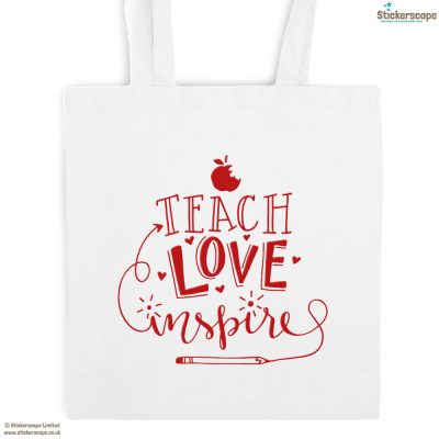 Teach, Love, Inspire tote bag (White bag - Red text) | Teacher gifts | Stickerscape | UK