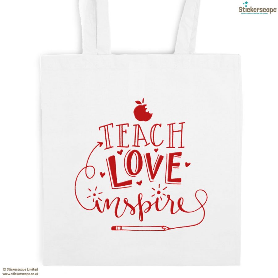 Teach, Love, Inspire tote bag (White bag - Red text) | Teacher gifts | Stickerscape | UK