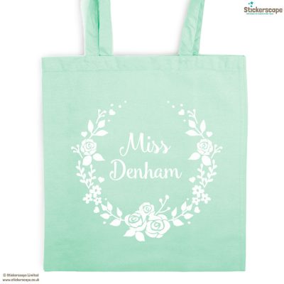 Personalised wreath tote bag (Mint bag - White text) | Personalised gifts | Stickerscape | UK