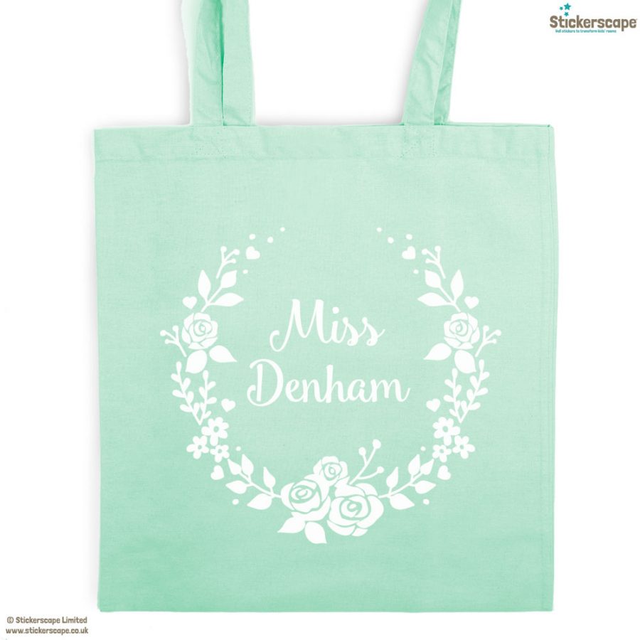 Personalised wreath tote bag (Mint bag - White text) | Personalised gifts | Stickerscape | UK