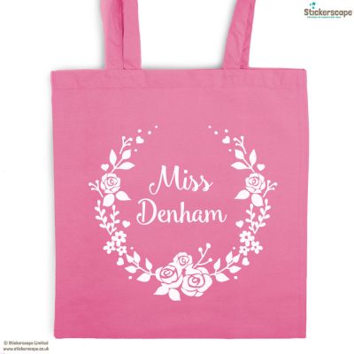Personalised wreath tote bag (Pink bag - White text) | Personalised gifts | Stickerscape | UK