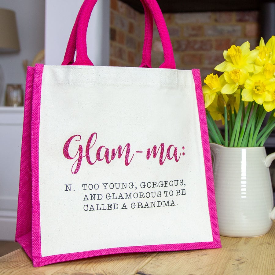Glam-ma canvas bag (Pink bag - Pink glitter text) perfect as a gift for Grandma or for Mother's day