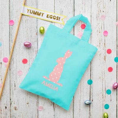 This personalised pink bunny Easter bag in lilac is the perfect way to make your child's Easter egg hunt super special this year