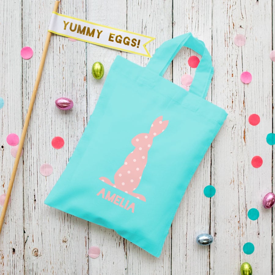 This personalised pink bunny Easter bag in lilac is the perfect way to make your child's Easter egg hunt super special this year