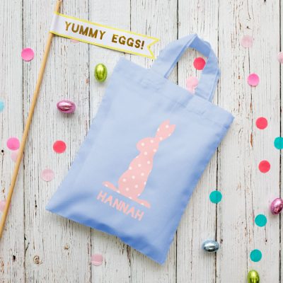 This personalised pink bunny Easter bag in lilac is the perfect way to make your child's Easter egg hunt super special this year