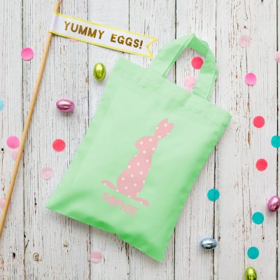 This personalised pink bunny Easter bag in mint green is the perfect way to make your child's Easter egg hunt super special this year