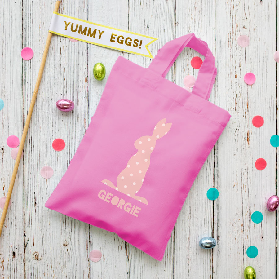 This personalised pink bunny Easter bag in pink is the perfect way to make your child's Easter egg hunt super special this year