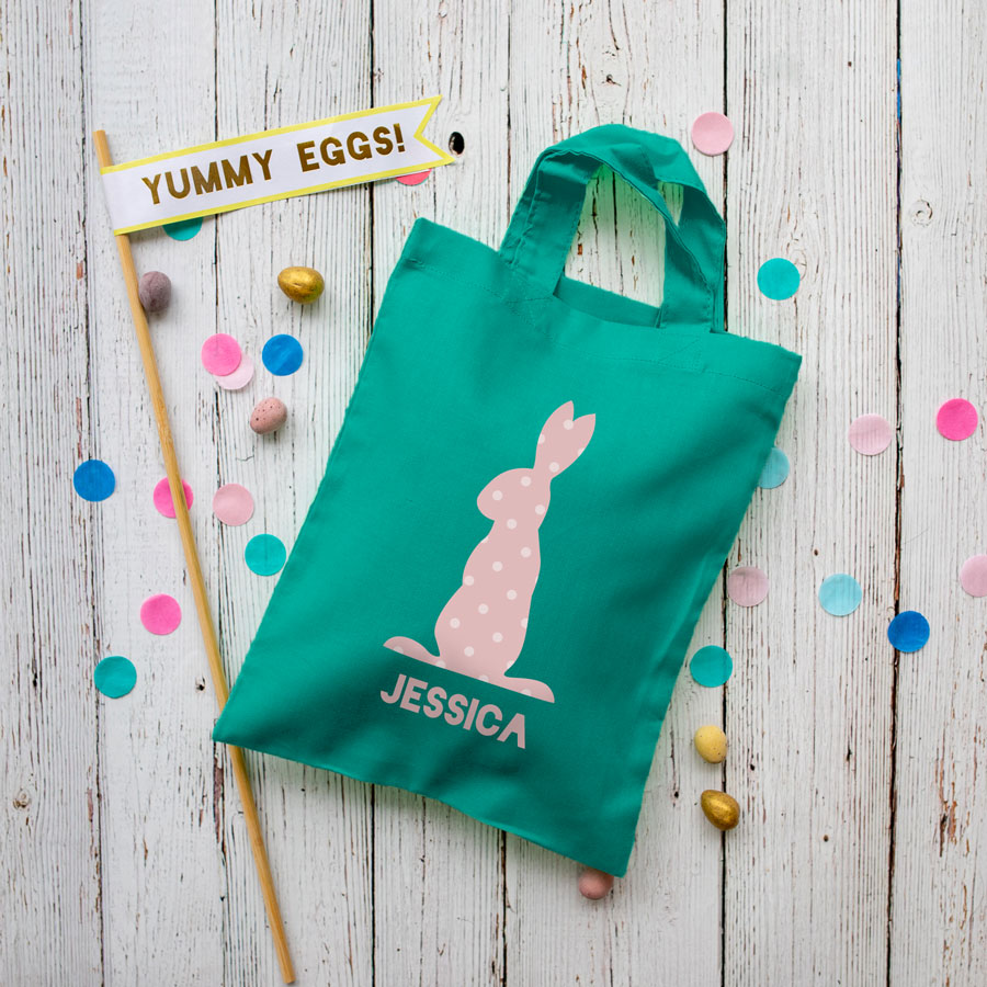 This personalised pink bunny Easter bag in teal is the perfect way to make your child's Easter egg hunt super special this year