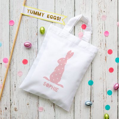 This personalised pink bunny Easter bag in white is the perfect way to make your child's Easter egg hunt super special this year