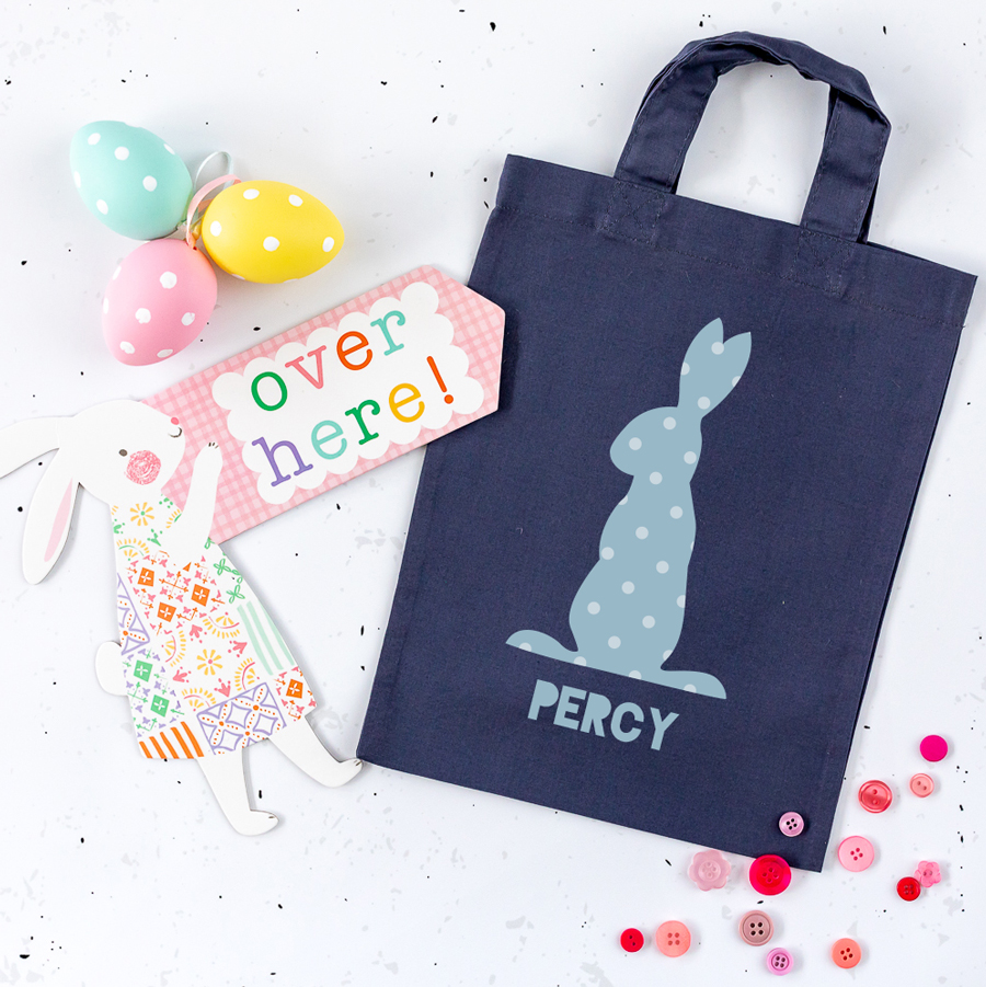 This personalised blue bunny Easter bag in blue grey is the perfect way to make your child's Easter egg hunt super special this year