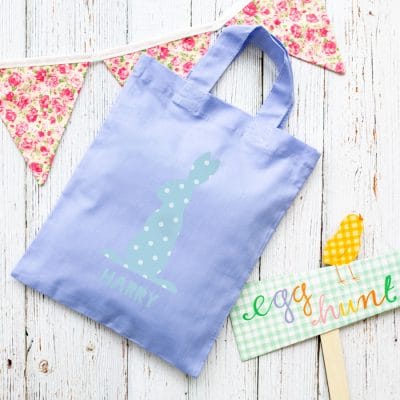 This personalised blue bunny Easter bag in lilac is the perfect way to make your child's Easter egg hunt super special this year