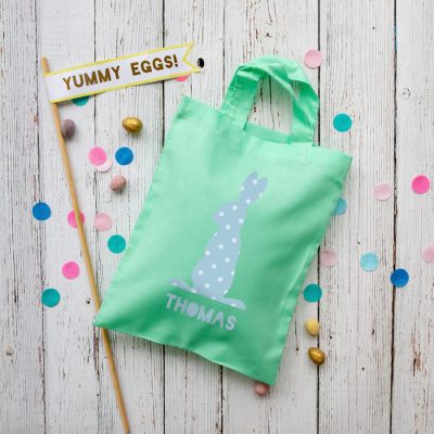 This personalised blue bunny Easter bag in mint green is the perfect way to make your child's Easter egg hunt super special this year