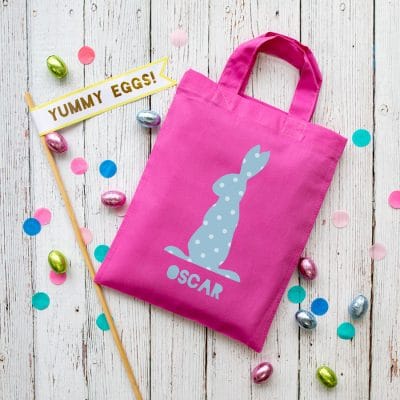 This personalised blue bunny Easter bag in pink is the perfect way to make your child's Easter egg hunt super special this year