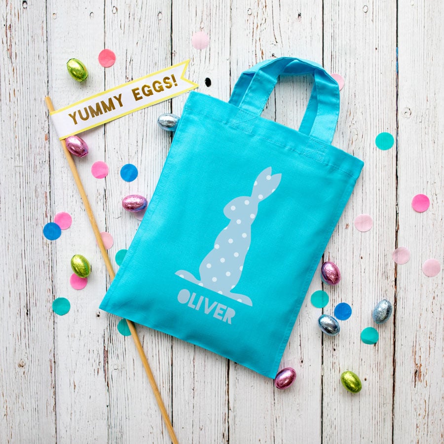 This personalised blue bunny Easter bag in lilac is the perfect way to make your child's Easter egg hunt super special this year