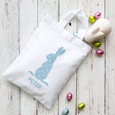 This personalised blue bunny Easter bag in white is the perfect way to make your child's Easter egg hunt super special this year