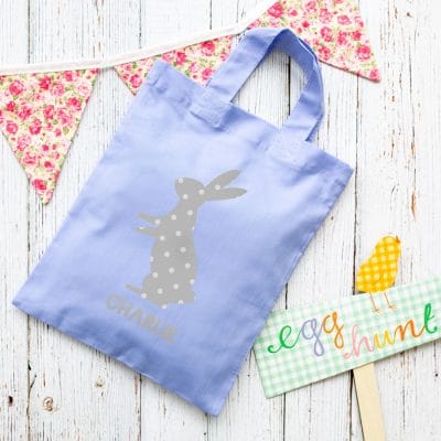 This personalised grey bunny Easter bag in lilac is the perfect way to make your child's Easter egg hunt super special this year