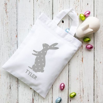 This personalised grey bunny Easter bag in white is the perfect way to make your child's Easter egg hunt super special this year