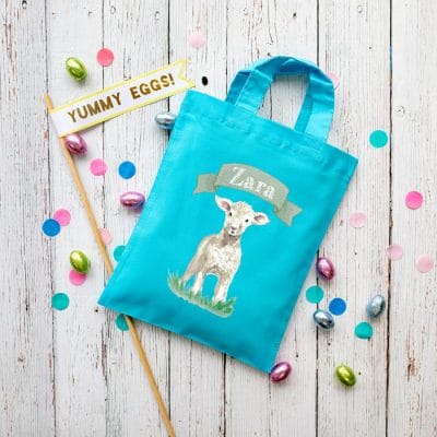 Personalised lamb Easter bag (Turquoise bag) is the perfect way to make your child's Easter egg hunt super special this year