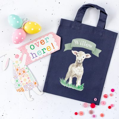 Personalised lamb Easter bag (Blue grey bag) is the perfect way to make your child's Easter egg hunt super special this year