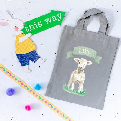Personalised lamb Easter bag (Light grey bag) is the perfect way to make your child's Easter egg hunt super special this year