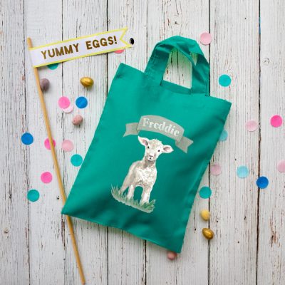 Personalised lamb Easter bag (Teal bag) is the perfect way to make your child's Easter egg hunt super special this year