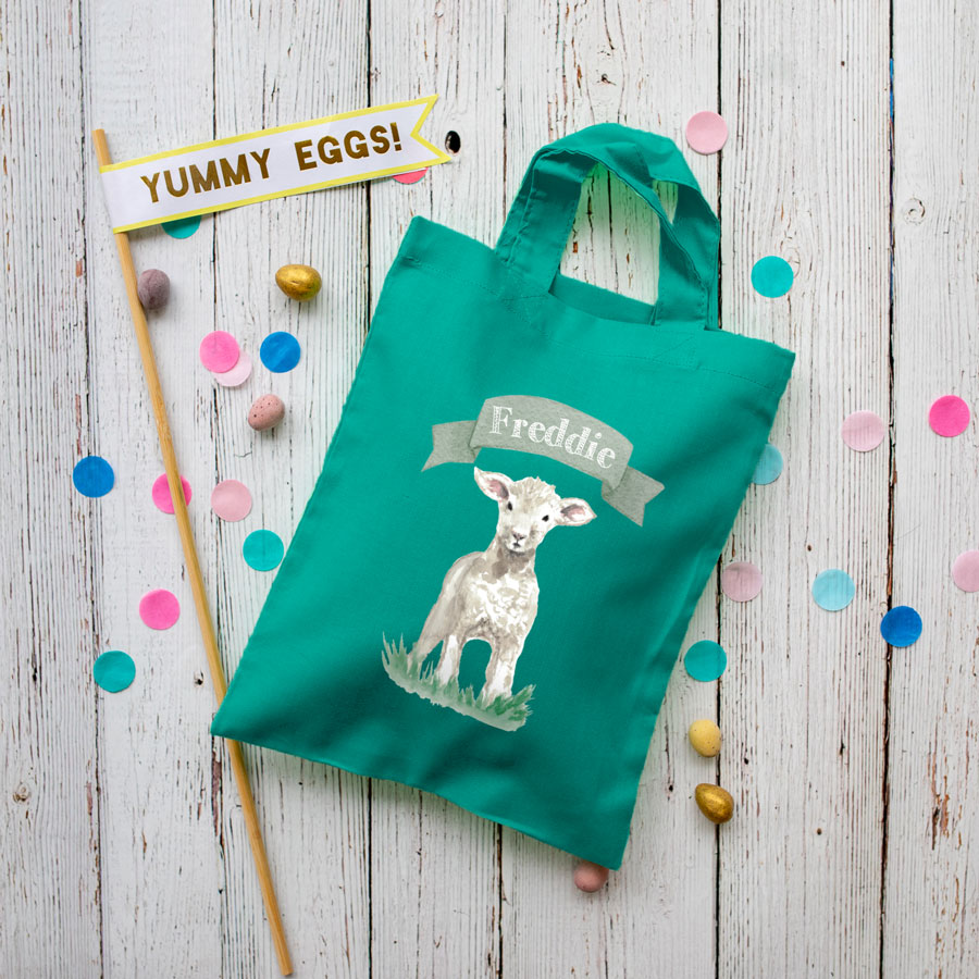 Personalised lamb Easter bag (Teal bag) is the perfect way to make your child's Easter egg hunt super special this year