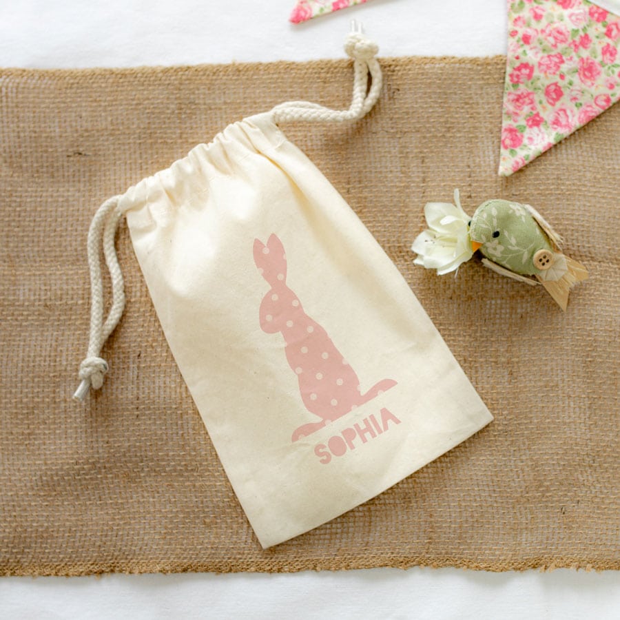 Personalised pink bunny drawstring Easter bag perfect for your child's Easter egg hunt this year