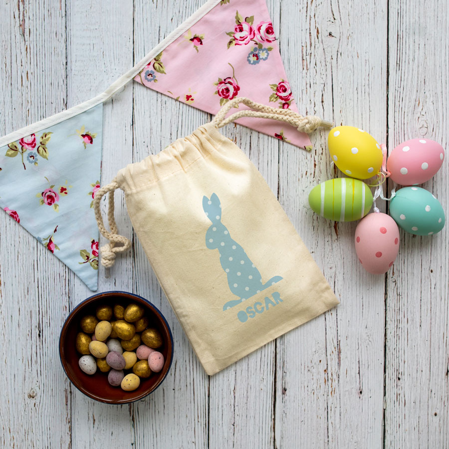 Personalised blue bunny drawstring Easter bag perfect for your child's Easter egg hunt this year