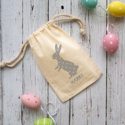 Personalised grey bunny drawstring Easter bag perfect for your child's Easter egg hunt this year