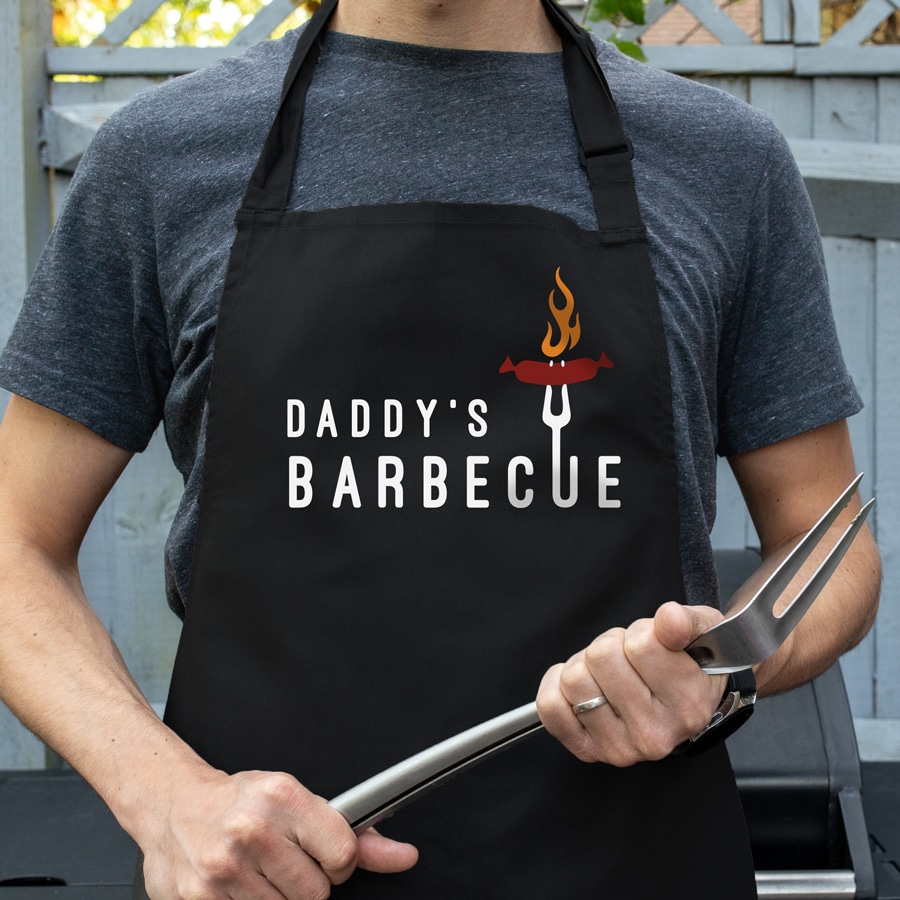 Personalised sizzling sausage apron (Adult) in black is a perfect gift for a brother, father or Grandad on their birthday or as a gift for father's day