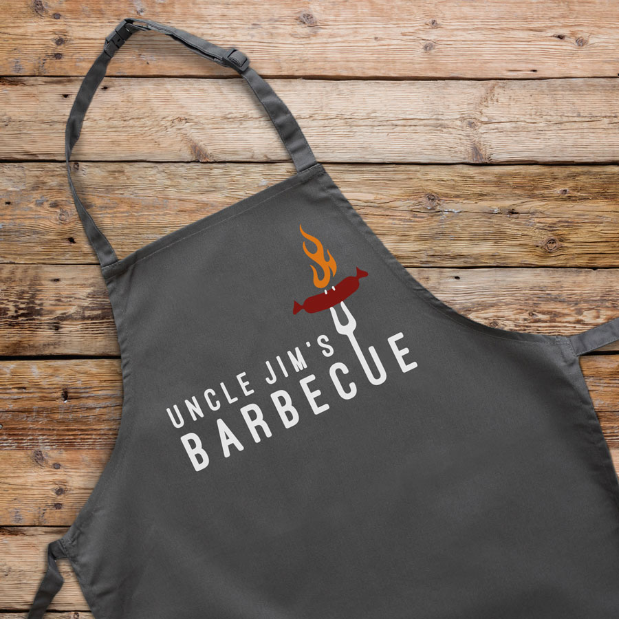 Personalised sizzling sausage apron (Adult) in grey is a perfect gift for a brother, father or Grandad on their birthday or as a gift for father's day