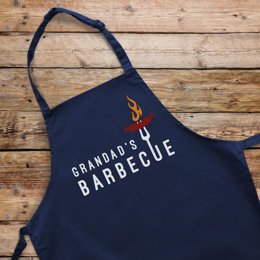 Personalised sizzling sausage apron (Adult) in navy is a perfect gift for a brother, father or Grandad on their birthday or as a gift for father's day
