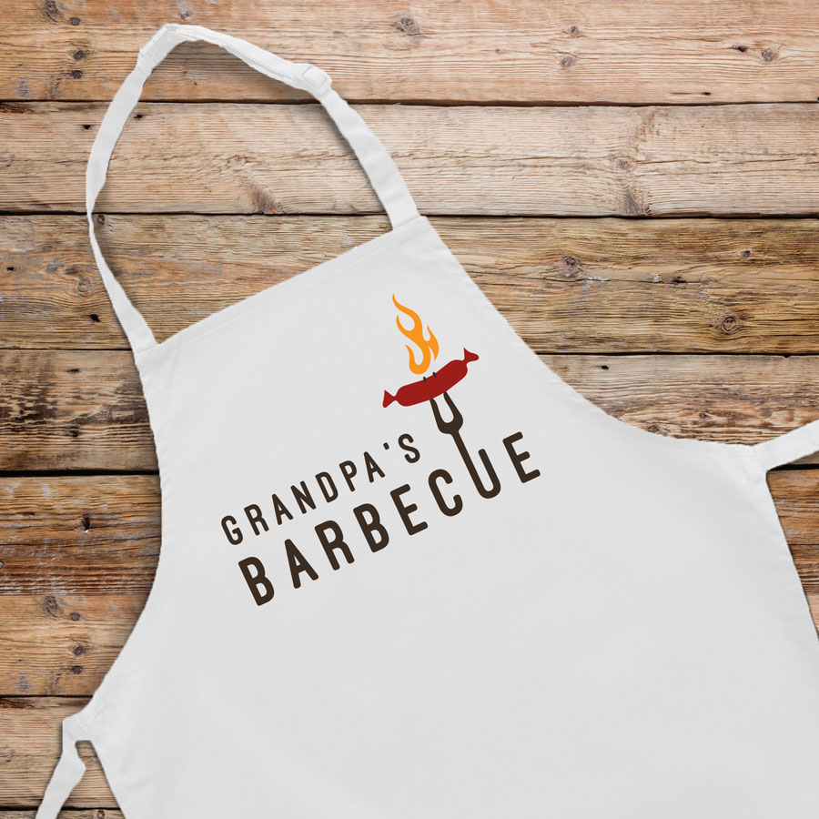 Personalised sizzling sausage apron (Adult) in white is a perfect gift for a brother, father or grandad on their birthday or as a gift for father's day