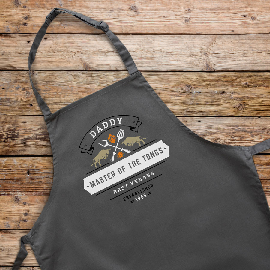 Personalised master of the tongs apron (Adult) in grey is a perfect gift for a brother, father or Grandad on their birthday or as a gift for father's day