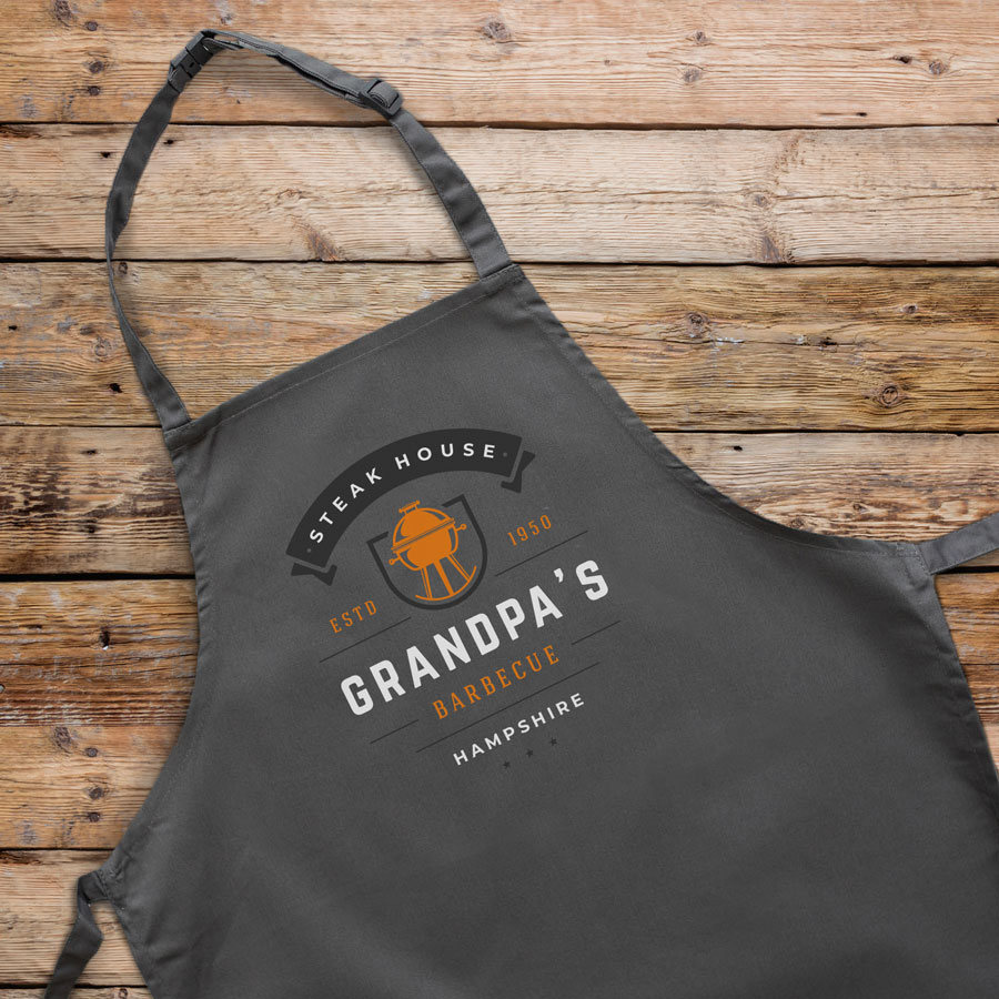 Personalised kettle barbecue apron (Adult) in grey is a perfect gift for a brother, father or Grandad on their birthday or as a gift for father's day