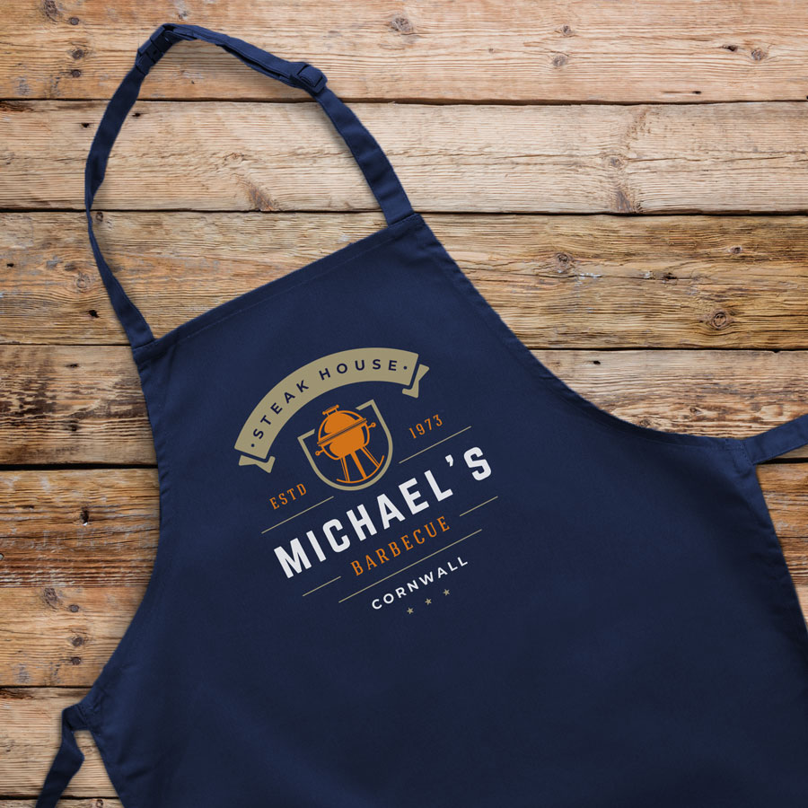 Personalised kettle barbecue apron (Adult) in navy is a perfect gift for a brother, father or Grandad on their birthday or as a gift for father's day