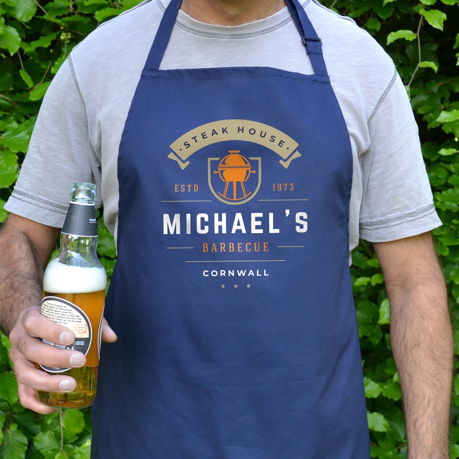 Personalised kettle barbecue apron (Adult) in navy is a perfect gift for a brother, father or Grandad on their birthday or as a gift for father's day