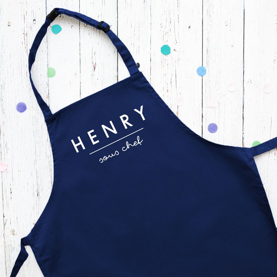 personalised sous chef apron (Navy) perfect gift for a child who loves to help with baking and cooking