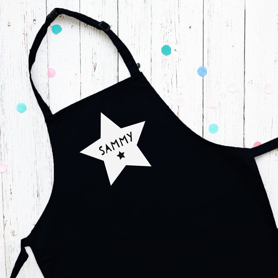 Personalised star apron (Black) perfect gift for a child who loves to help with baking and cooking