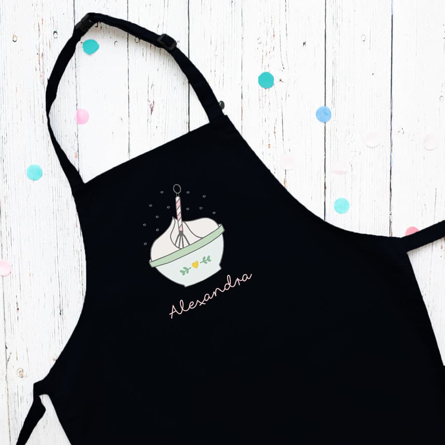 Personalised mixing bowl apron (Black) perfect gift for a child who loves to help with baking and cooking