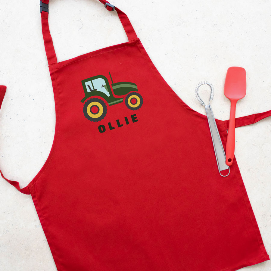 Personalised tractor apron (Red) perfect gift for a child who loves to help with baking and cooking
