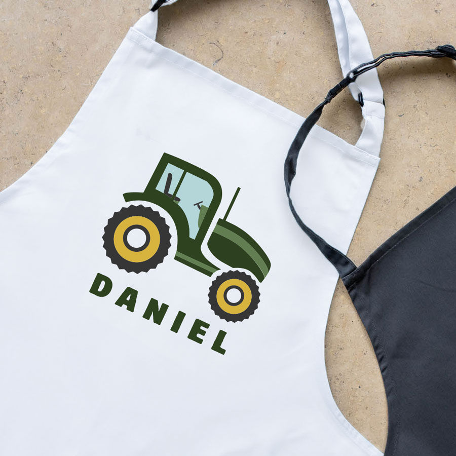 Personalised tractor apron (White) perfect gift for a child who loves to help with baking and cooking