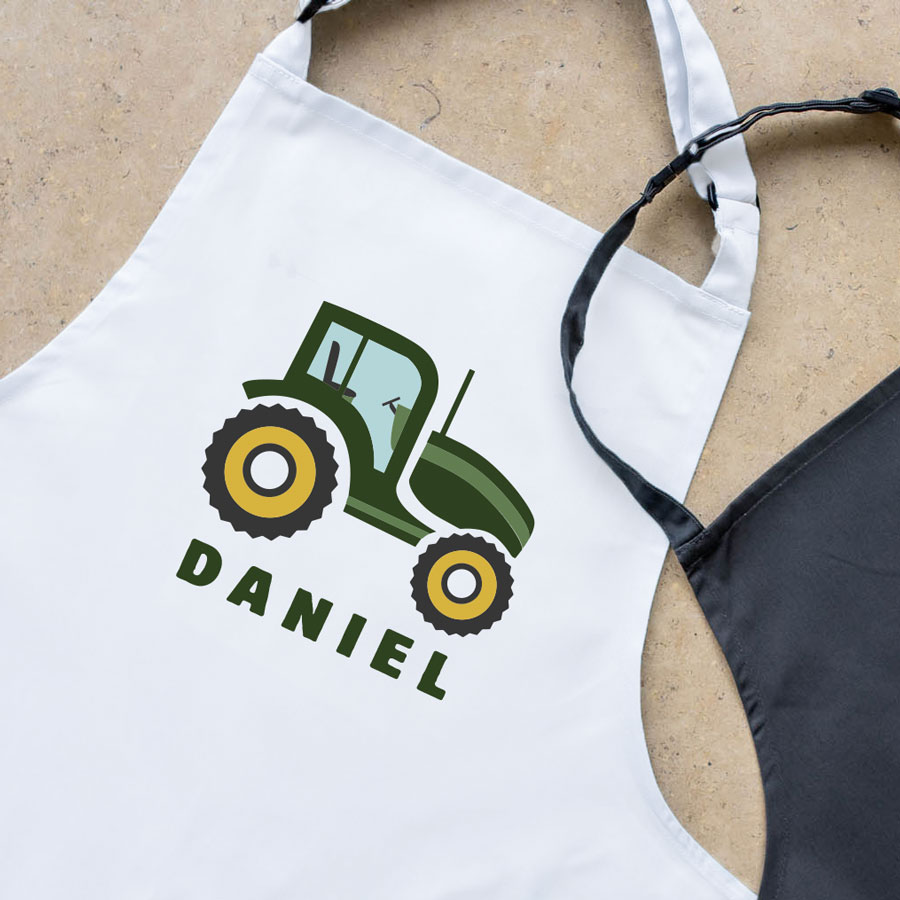 Personalised tractor apron (White) perfect gift for a child who loves to help with baking and cooking
