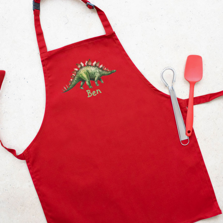 Personalised dinosaur apron (Red) perfect gift for a child who loves to help with baking and cooking